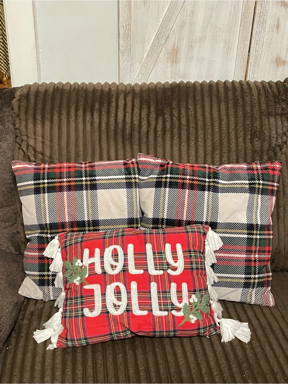 Holly Jolly Red Plaid Holiday Throw Pillow